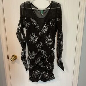 Ipona Bodycon Dress Womens XL Black Excellent Silver Metallic Floral Mesh Ruched